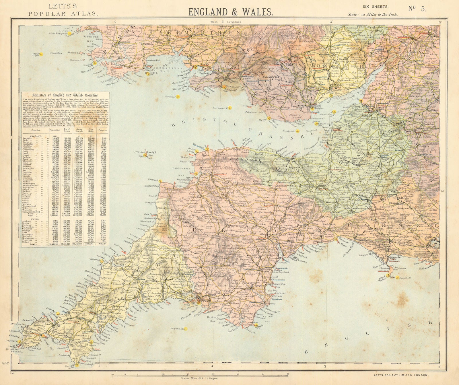 SOUTH WEST ENGLAND & SOUTH WALES. Lighthouses. Bristol Channel. LETTS 1892 map